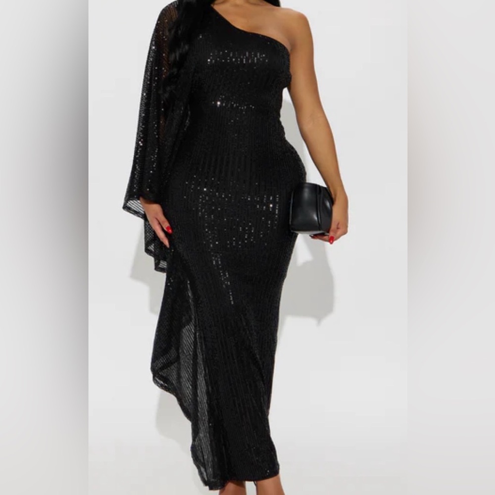Fashion Nova Black Sequin One-Shoulder Dress size medium NWT